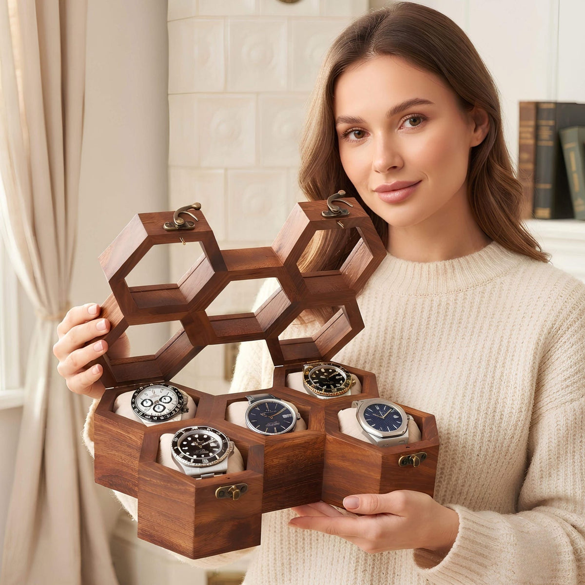 Wooden Watch Box, Rosewood Display Case, Honeycomb Design, Handmade Jewelry Storage