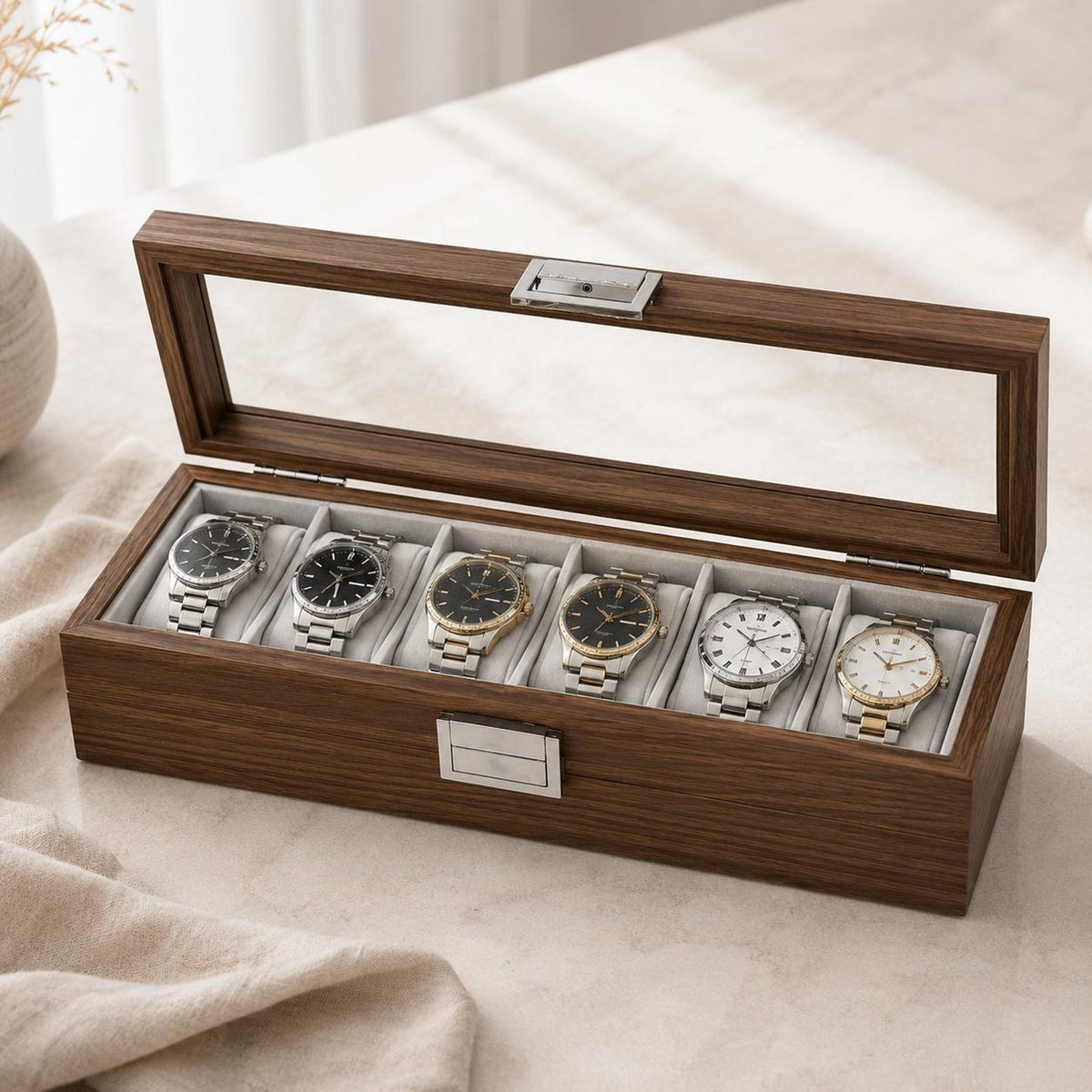 Black Walnut Watch Box, 6 Slot Wooden Watch Organizer, Luxury Display Storage Case, Mens Watch Holder, Gift for Him or her