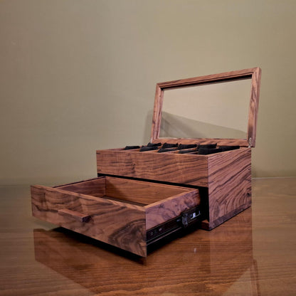 Watch Box with Drawer with 20 pockets-Dark walnut-Handmade