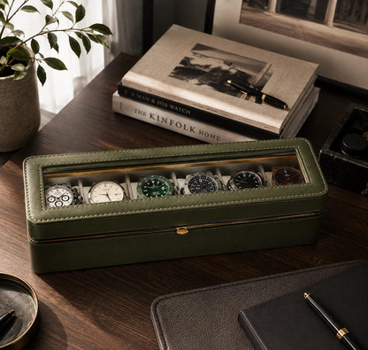 6 Slot Watch Box, PU Leather Watch Display Case, Glass Top Organizer, 4 Elegant Designs