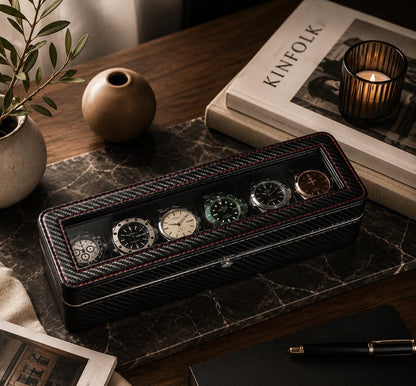 6 Slot Watch Box, PU Leather Watch Display Case, Glass Top Organizer, 4 Elegant Designs