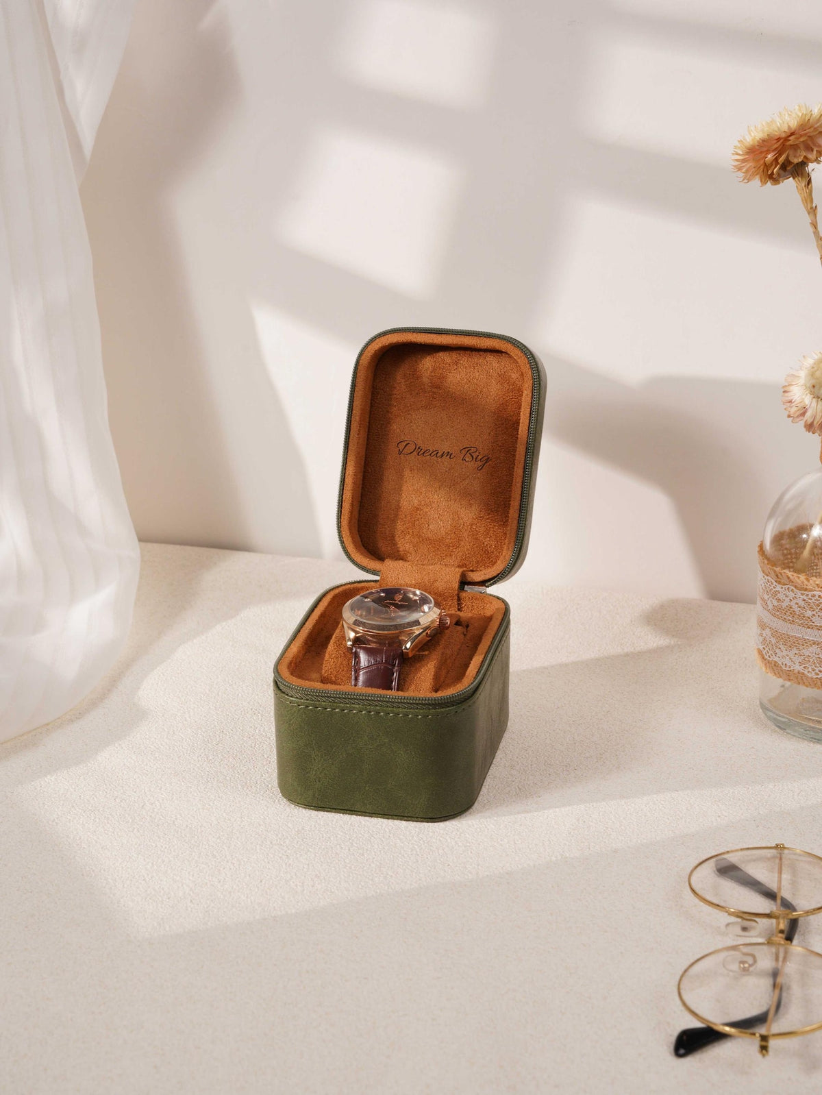 Custom Monogram Watch Travel Case｜3‑Slot Green Watch Storage Box, Gift for Him