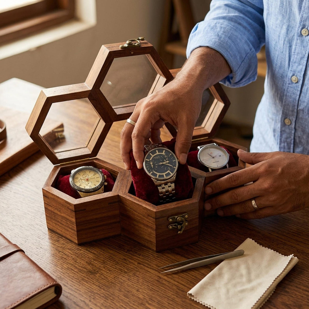 Handcrafted Wooden Watch Box, Vintage Gift, 1-5 Slot Organizer