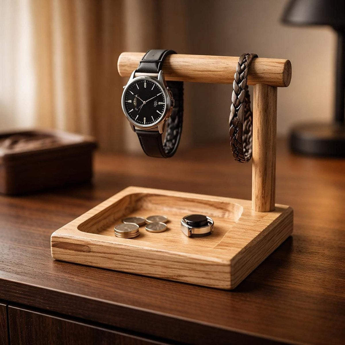 Walnut Valet, Solid Hardwood Tray With Watch Holder And Bracelet Bar