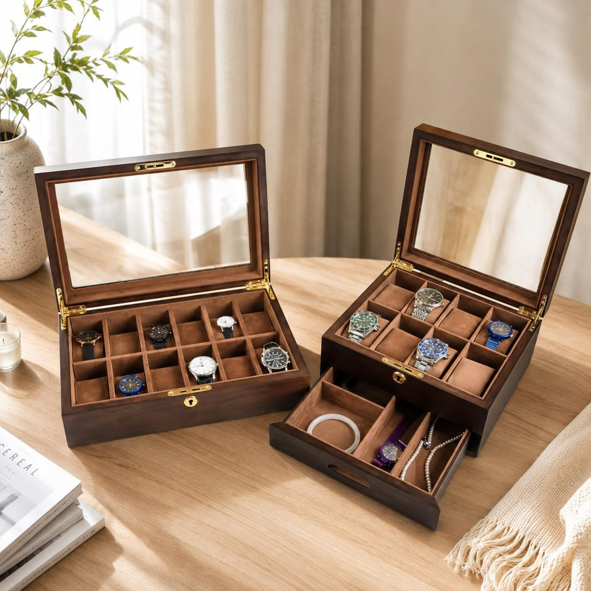 Vintage Wood Watch Box with Glass Lid, Watch Organizer Display Case, Jewelry Storage Box, Watch Collector Gift for Men
