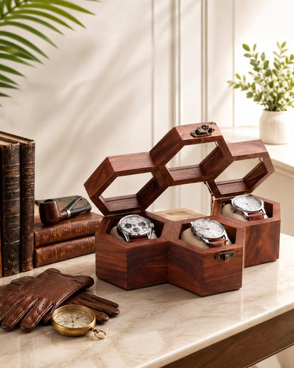 Personalized Hexagon Wooden Watch Box, 3-Slot Organizer, Anniversary Gift for Him
