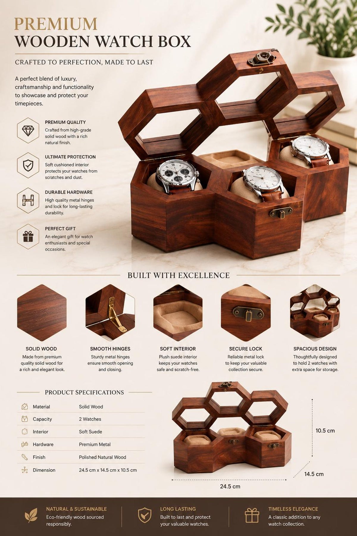 Personalized Hexagon Wooden Watch Box, 3-Slot Organizer, Anniversary Gift for Him