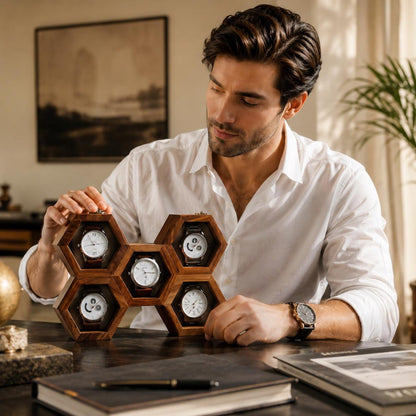 Personalized Hexagon Wooden Watch Box, 5-Slot Organizer, Velvet Cushions (Gift for Him)
