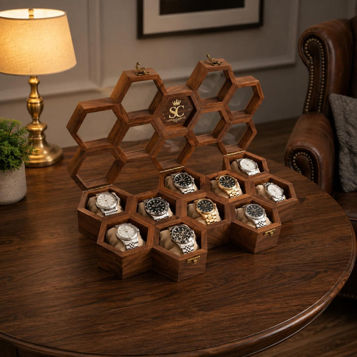 Handmade Rosewood Hexagon Watch Box DIsplay - | Anniversary Gift for Husband