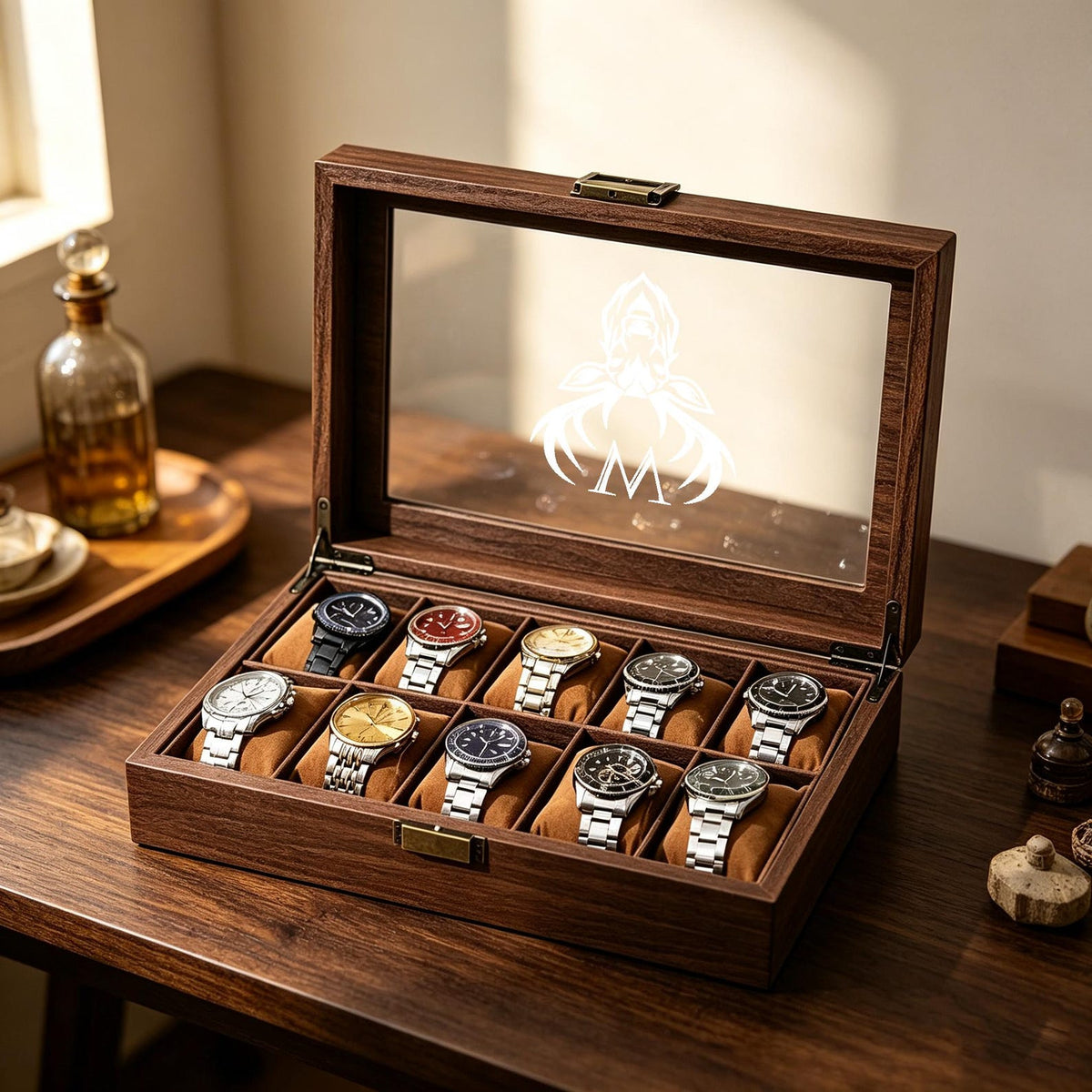 Personalized Wooden Watch Box with Jewelry Drawer, Engraved Watch Organizer for Men, Watch Storage Display Case, Gift for Dad Husband Him