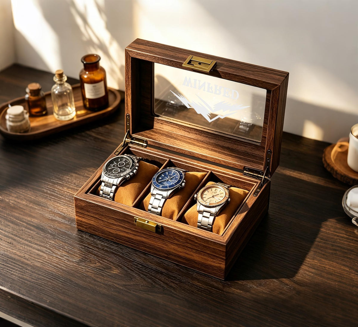 Personalized Wooden Watch Box with Jewelry Drawer, Engraved Watch Organizer for Men, Watch Storage Display Case, Gift for Dad Husband Him