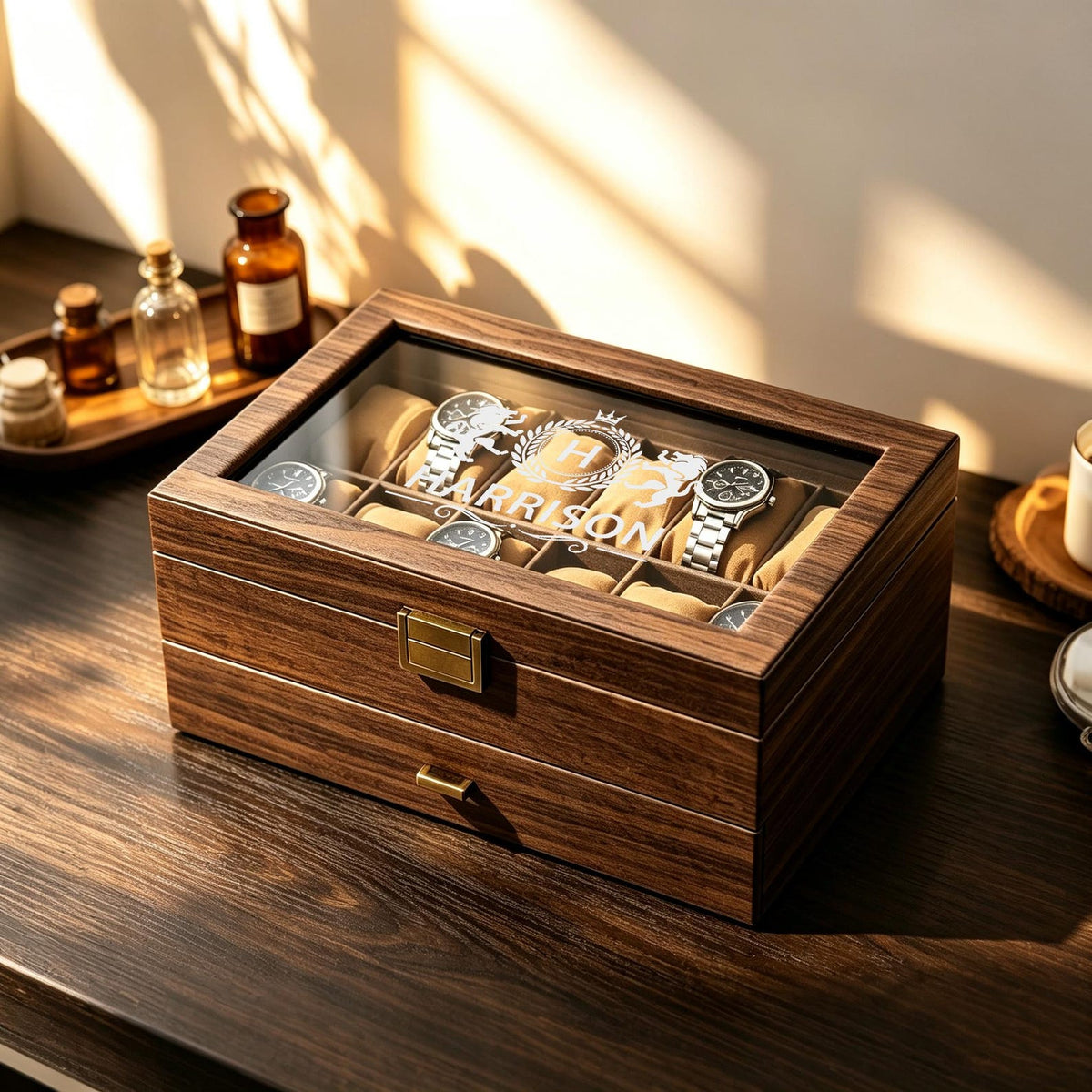 Personalized Wooden Watch Box with Jewelry Drawer, Engraved Watch Organizer for Men, Watch Storage Display Case, Gift for Dad Husband Him