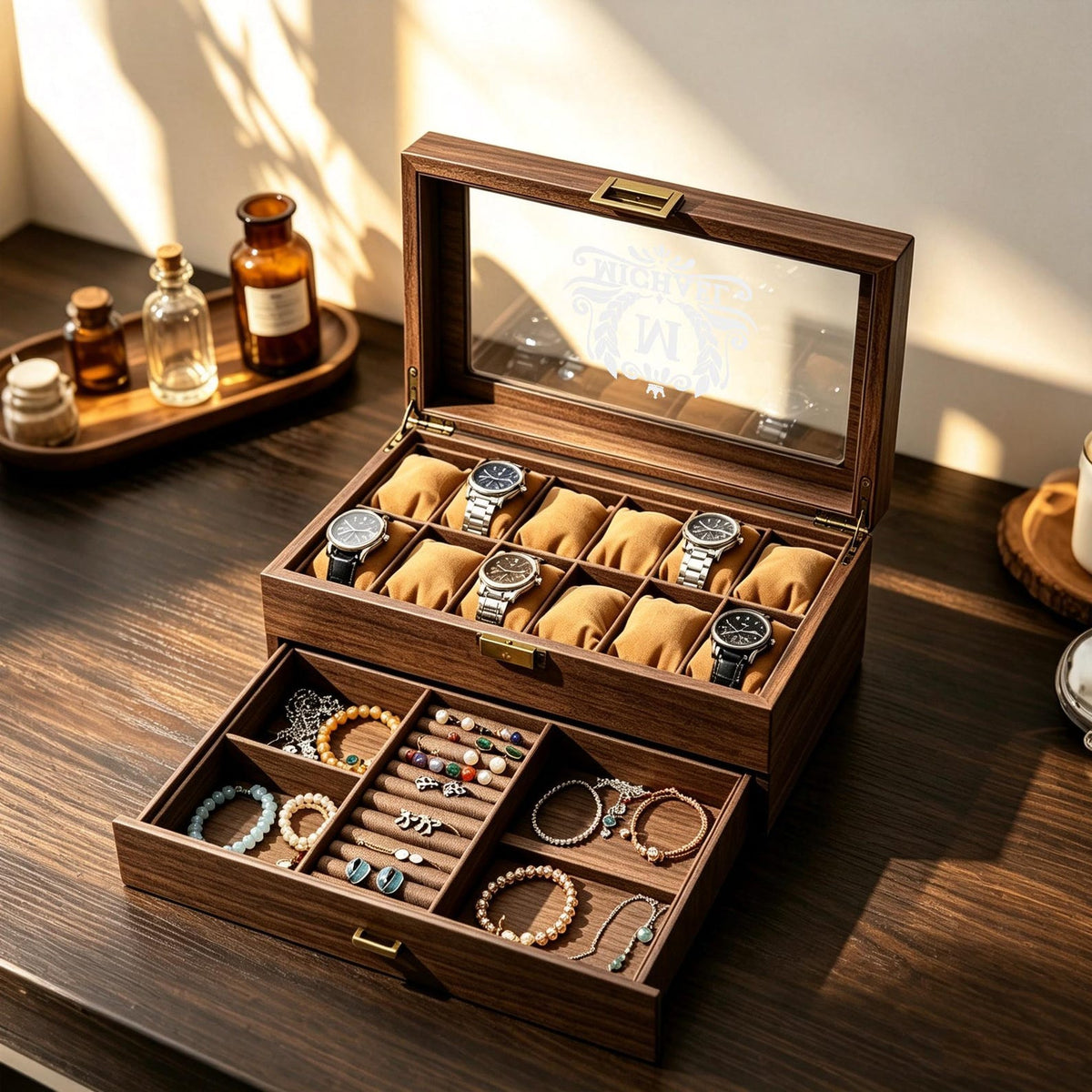 Personalized Wooden Watch Box with Jewelry Drawer, Engraved Watch Organizer for Men, Watch Storage Display Case, Gift for Dad Husband Him