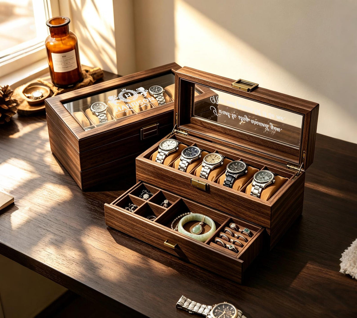 Personalized Wooden Watch Box with Jewelry Drawer, Engraved Watch Organizer for Men, Watch Storage Display Case, Gift for Dad Husband Him