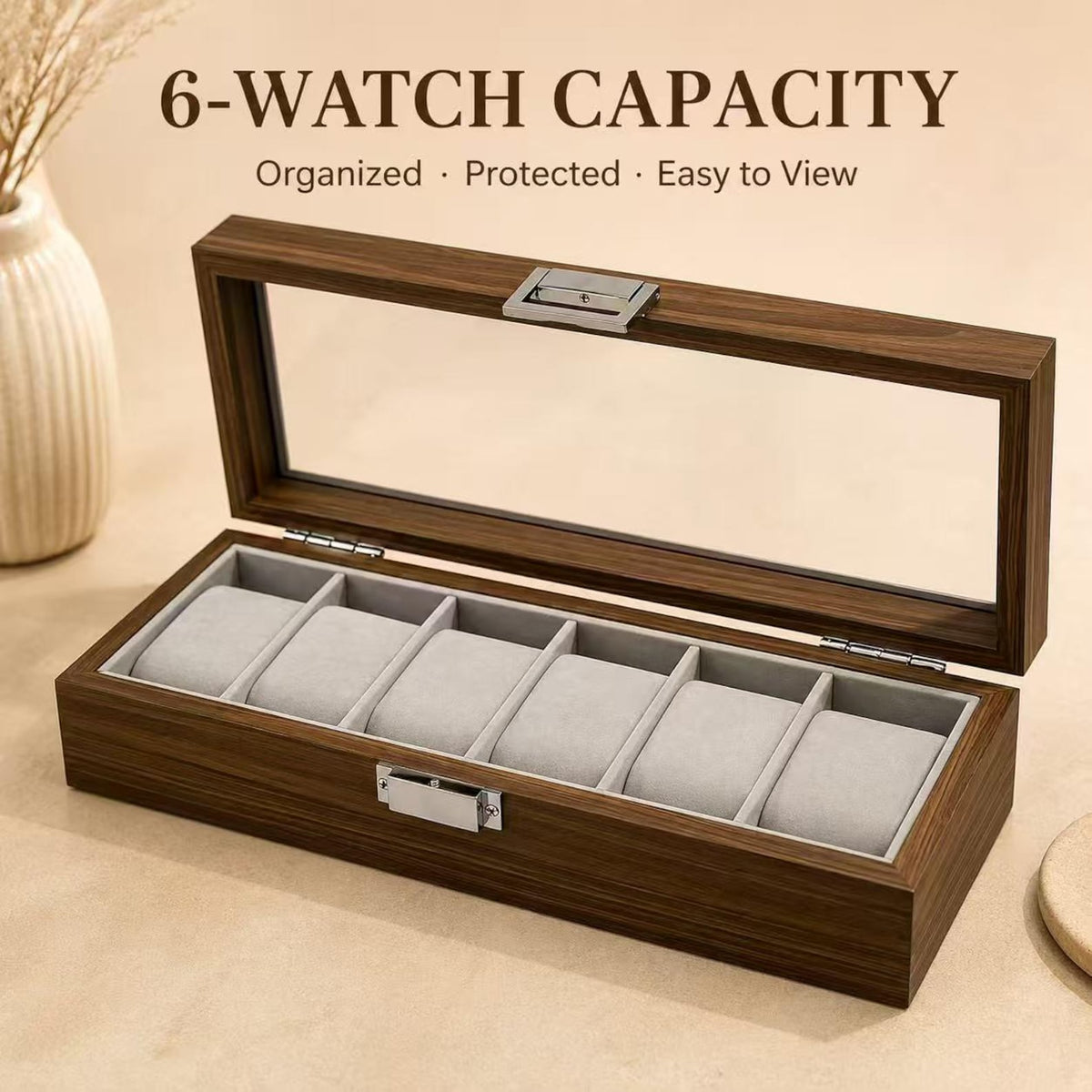 6 Slot Wooden Watch Box, Walnut Watch Display Case