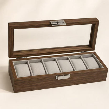 6 Slot Wooden Watch Box, Walnut Watch Display Case