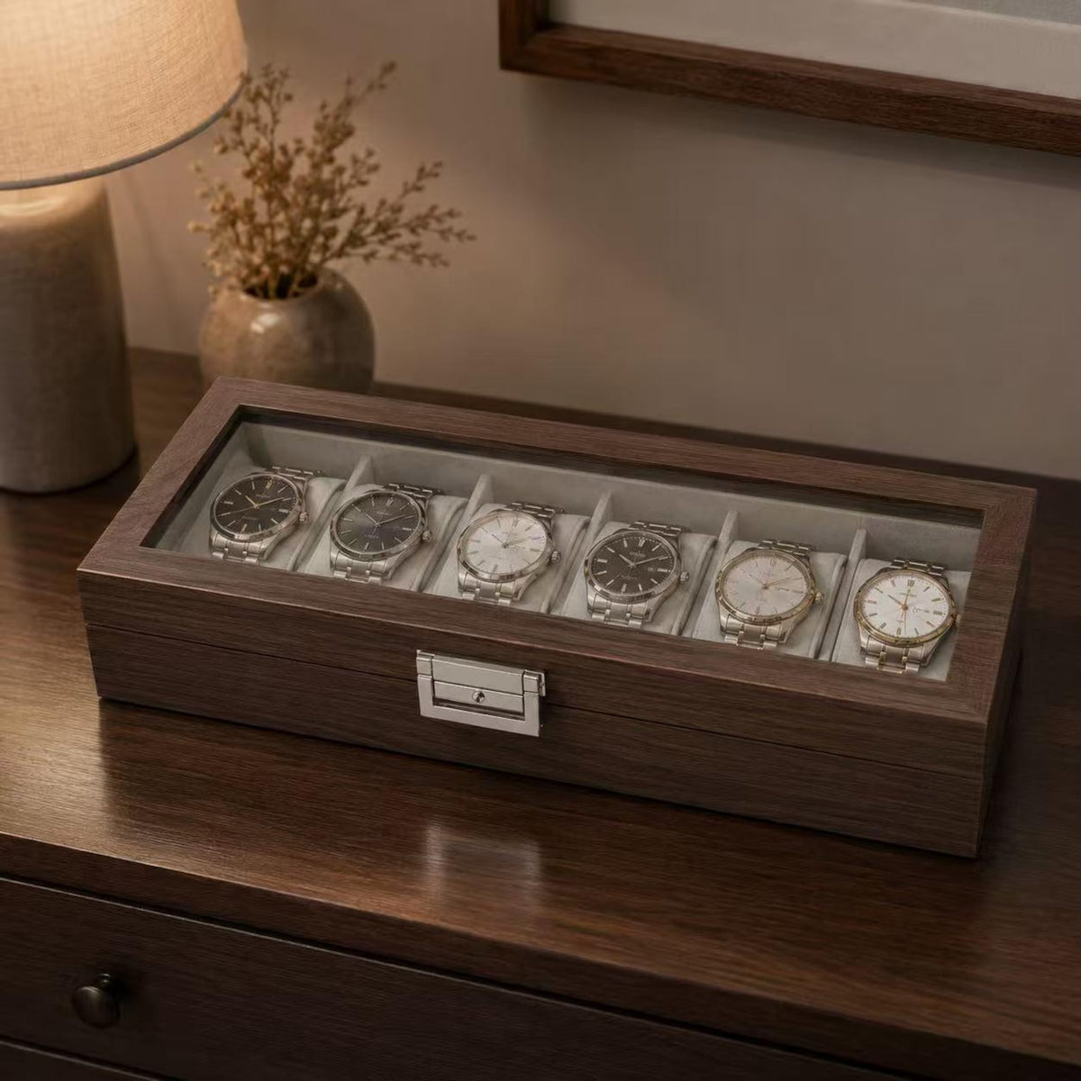 6 Slot Wooden Watch Box, Walnut Watch Display Case