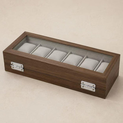 6 Slot Wooden Watch Box, Walnut Watch Display Case