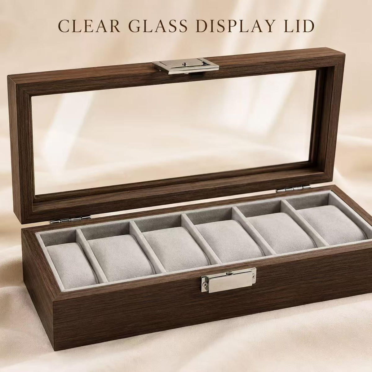 6 Slot Wooden Watch Box, Walnut Watch Display Case