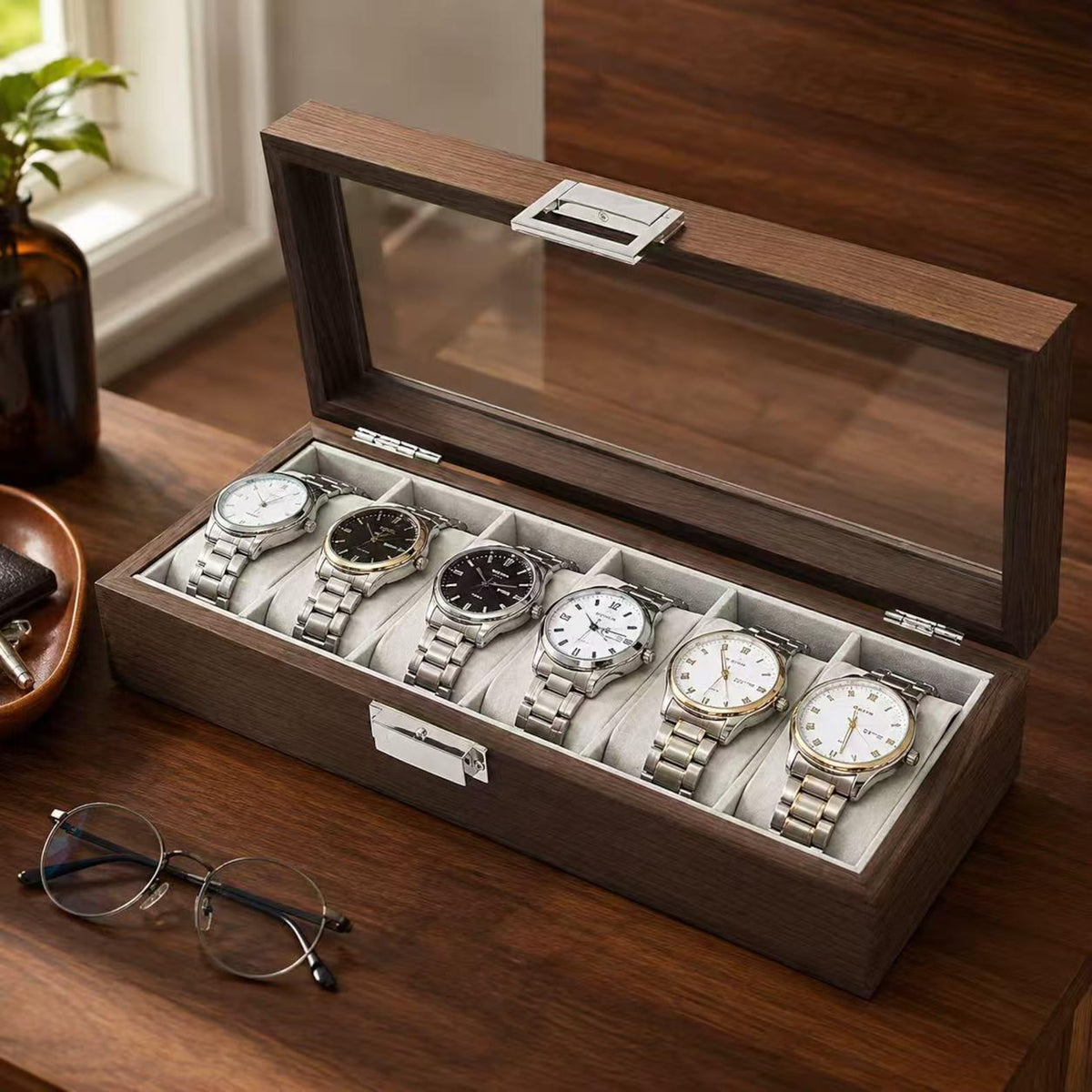 6 Slot Wooden Watch Box, Walnut Watch Display Case