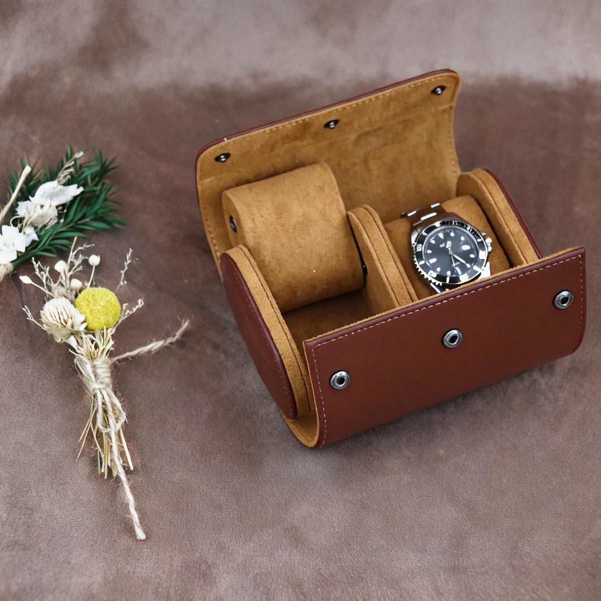 Personalized Vegan Leather Watch Case: Gold/Silver Initials, Velvet Lined Storage
