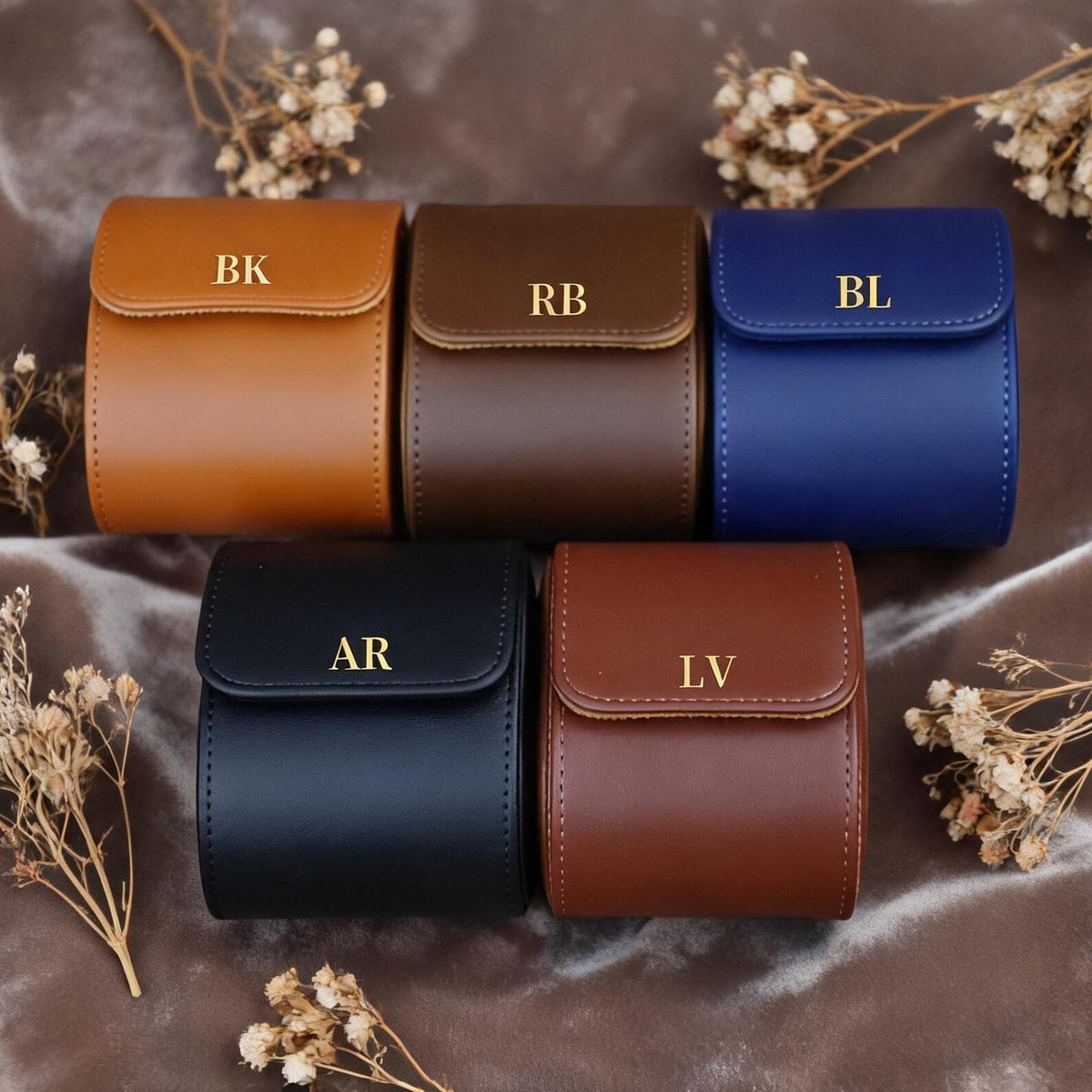 Personalized Vegan Leather Watch Case: Gold/Silver Initials, Velvet Lined Storage