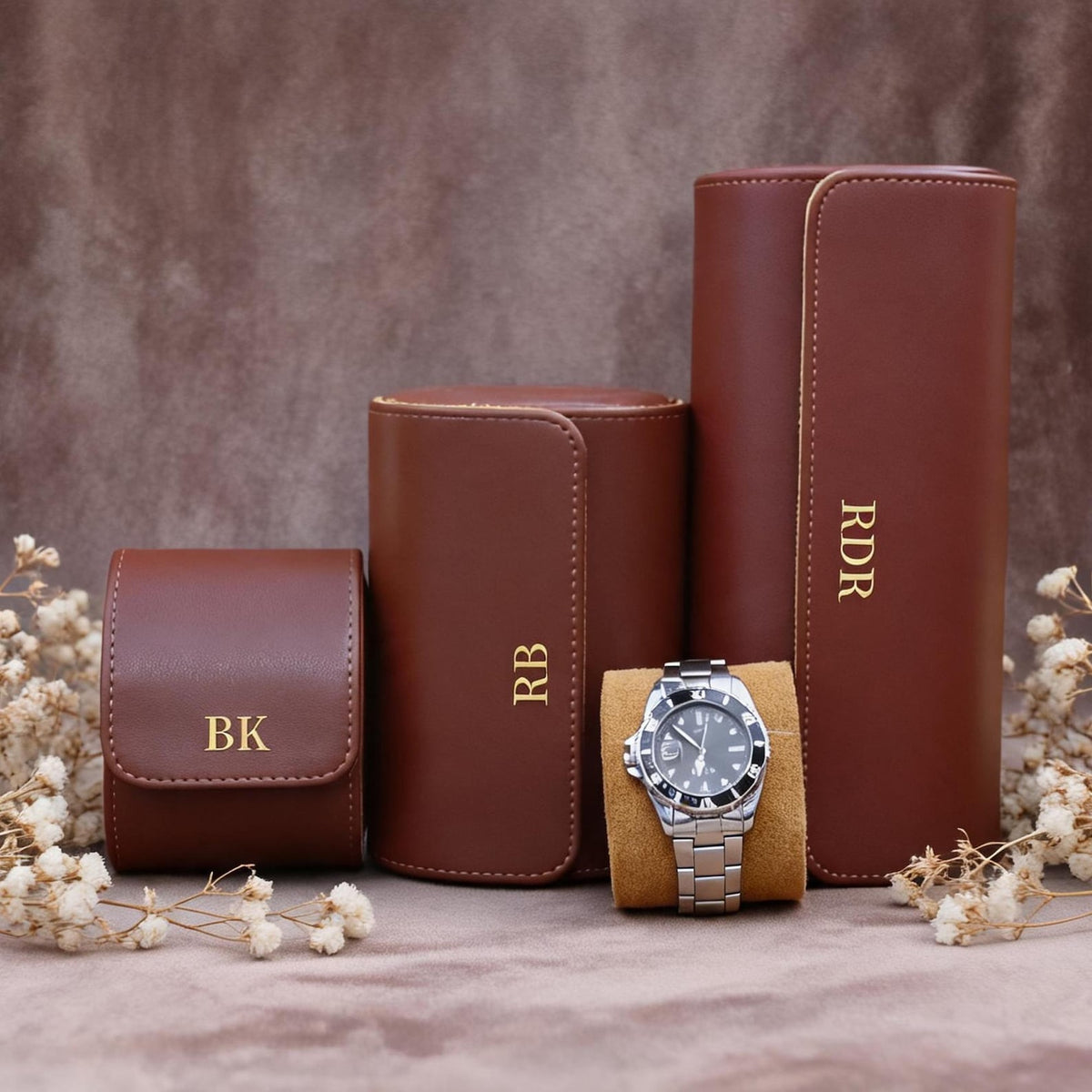 Personalized Vegan Leather Watch Case: Gold/Silver Initials, Velvet Lined Storage