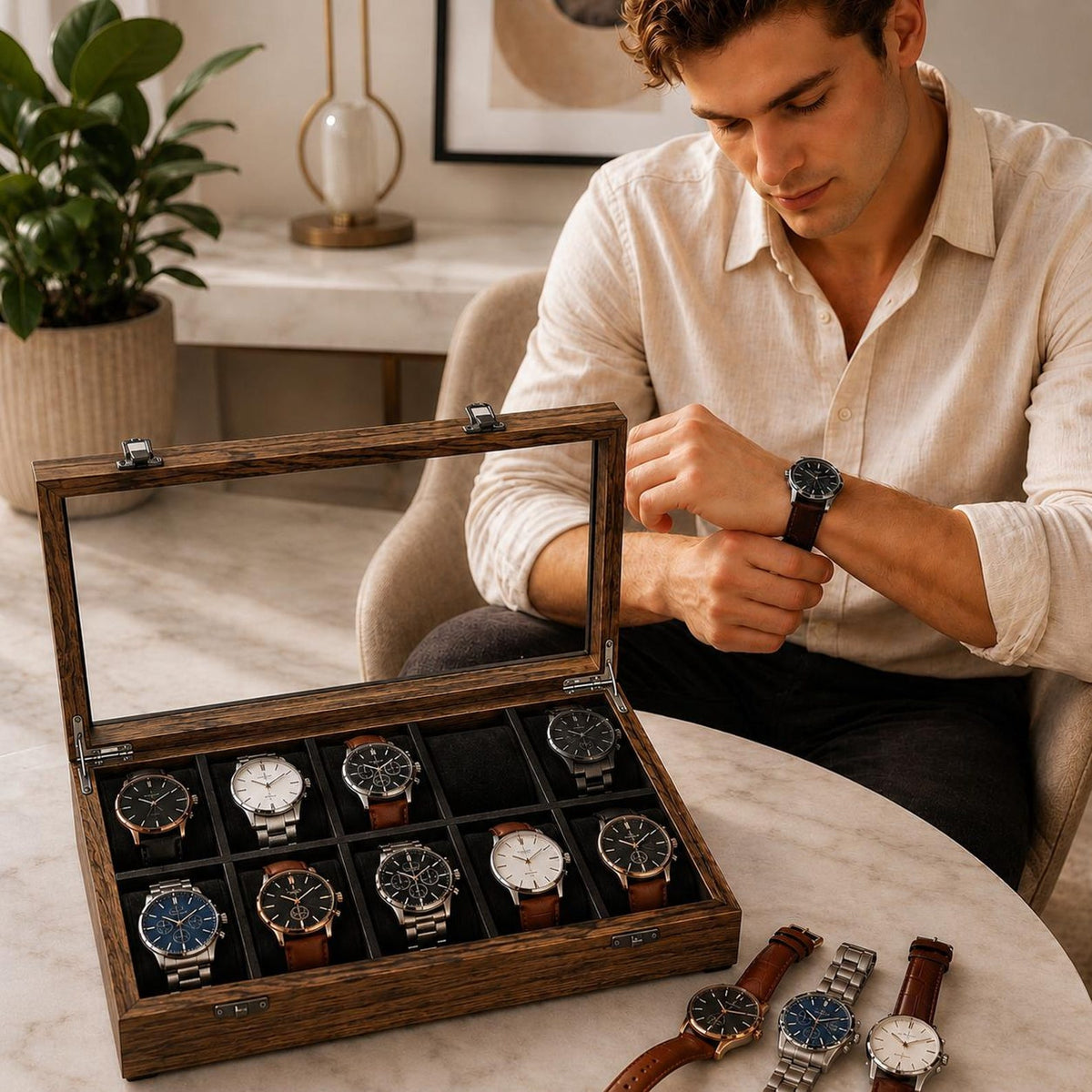 Handmade 10-Slot Wooden Watch Box for Men | Glass Top Watch Organizer (Custom Engraving) | Mens Watch Display Case | Christmas Gift for Him