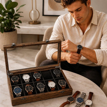 Handmade 10-Slot Wooden Watch Box for Men | Glass Top Watch Organizer (Custom Engraving) | Mens Watch Display Case | Christmas Gift for Him