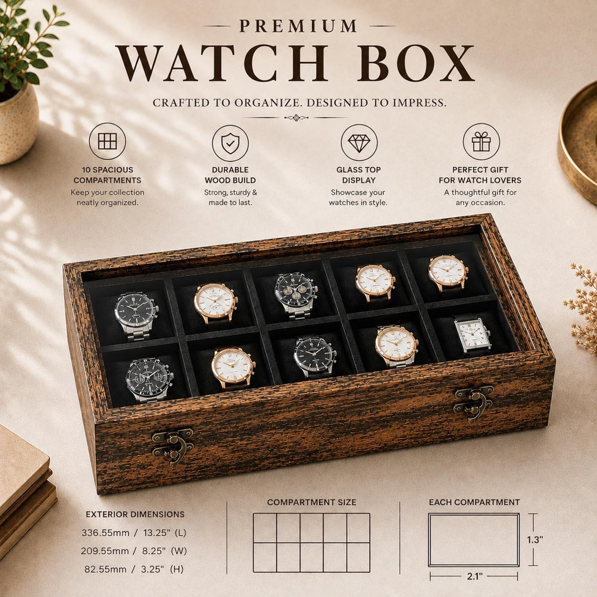 Handmade 10-Slot Wooden Watch Box for Men | Glass Top Watch Organizer (Custom Engraving) | Mens Watch Display Case | Christmas Gift for Him