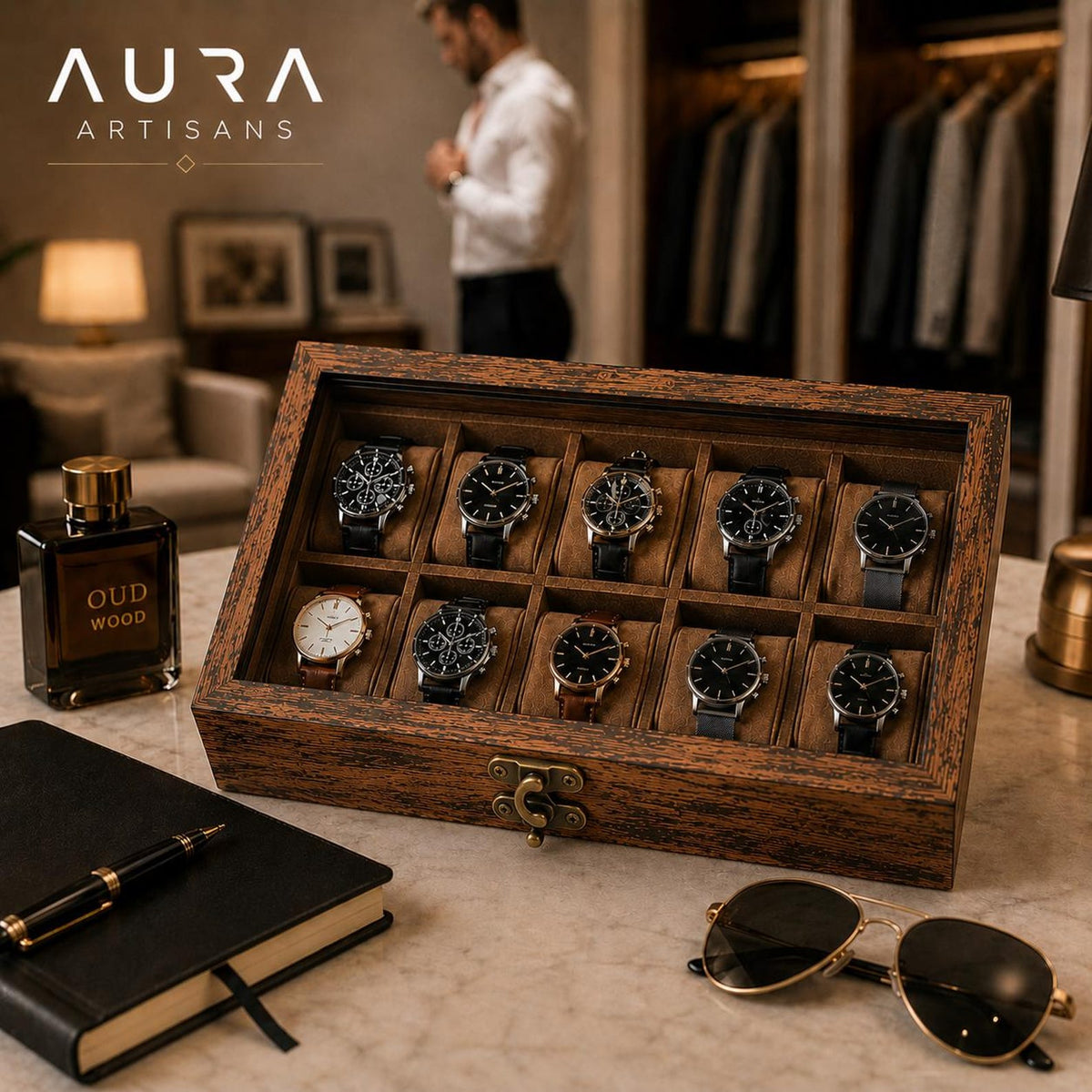 Handmade 10-Slot Wooden Watch Box for Men | Glass Top Watch Organizer (Custom Engraving) | Mens Watch Display Case | Christmas Gift for Him