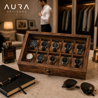 Handmade 10-Slot Wooden Watch Box for Men | Glass Top Watch Organizer (Custom Engraving) | Mens Watch Display Case | Christmas Gift for Him