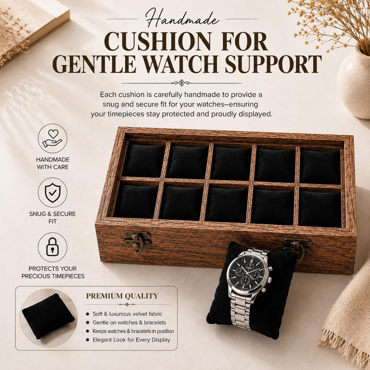 Handmade 10-Slot Wooden Watch Box for Men | Glass Top Watch Organizer (Custom Engraving) | Mens Watch Display Case | Christmas Gift for Him