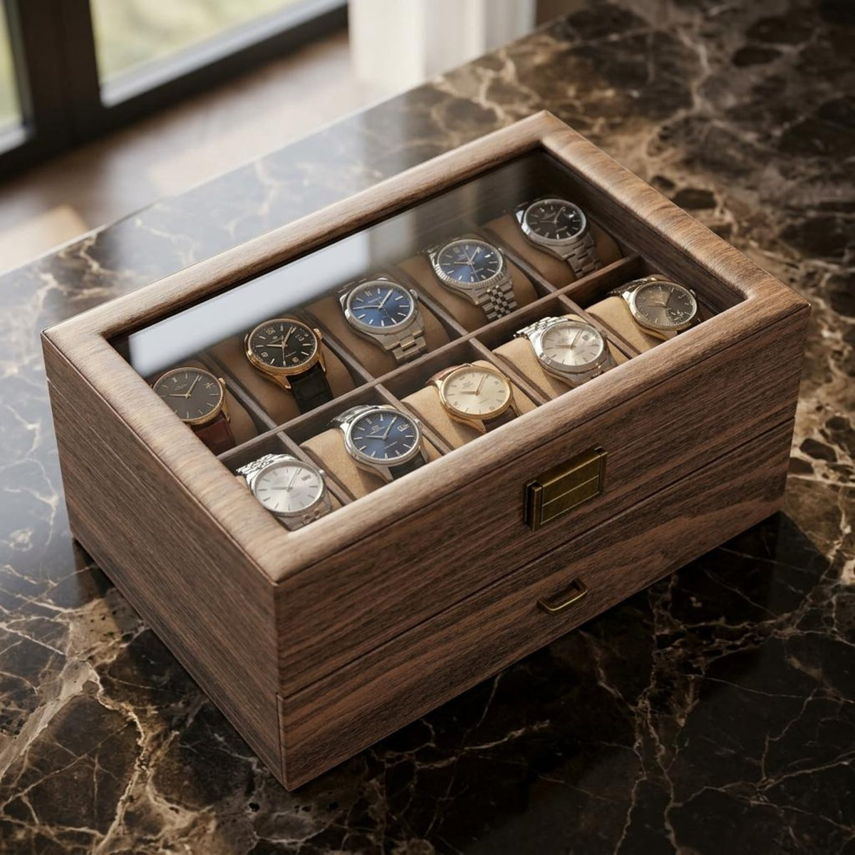 Rustic Wooden Watch Storage Box, 24-Watch Capacity, Glass Window Case, Men's Jewelry Organizer, Dresser Decor, Bedroom Storage, Gift for Him