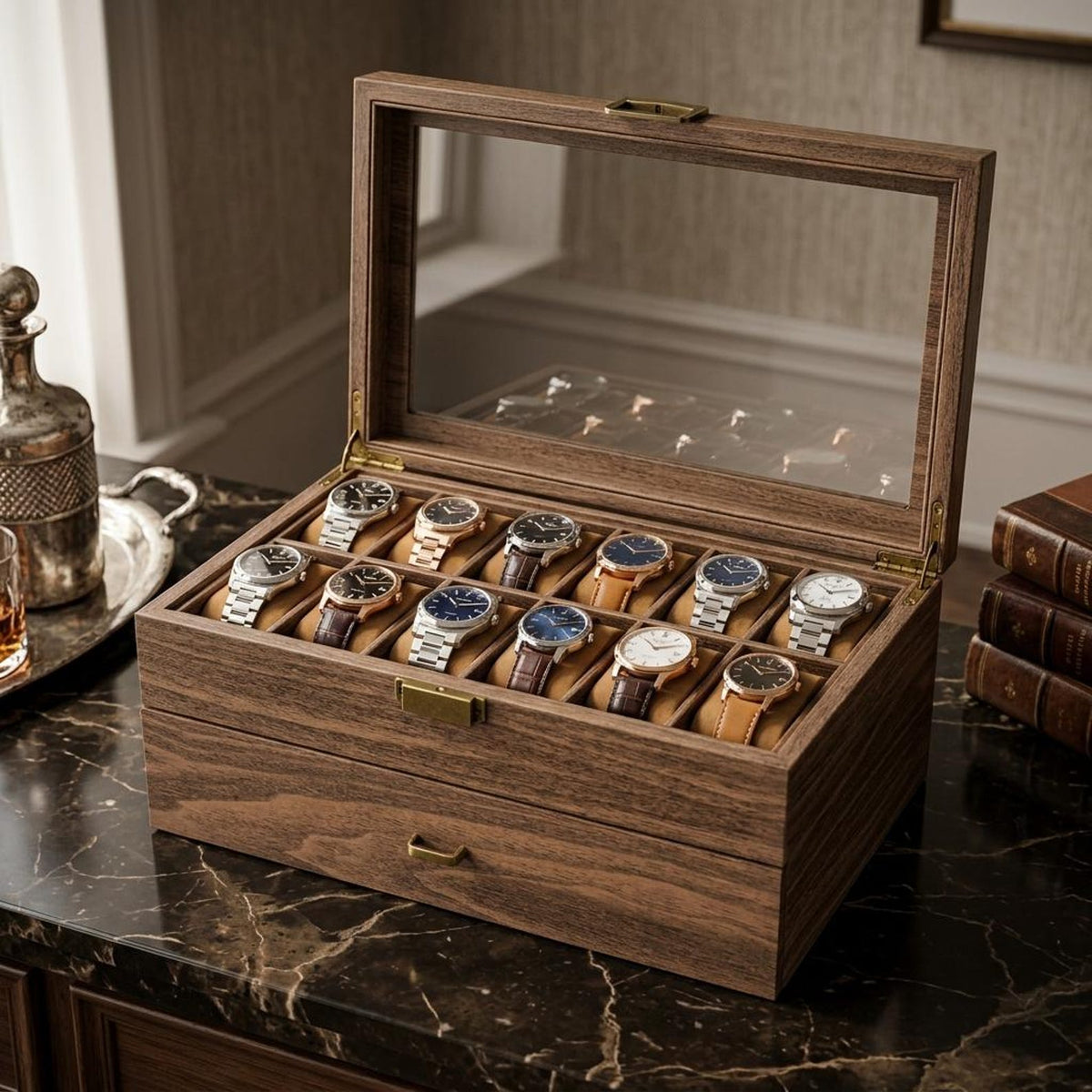 Rustic Wooden Watch Storage Box, 24-Watch Capacity, Glass Window Case, Men's Jewelry Organizer, Dresser Decor, Bedroom Storage, Gift for Him