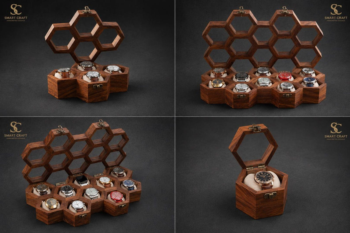 Handmade Rosewood Hexagon Watch Box DIsplay - | Anniversary Gift for Husband