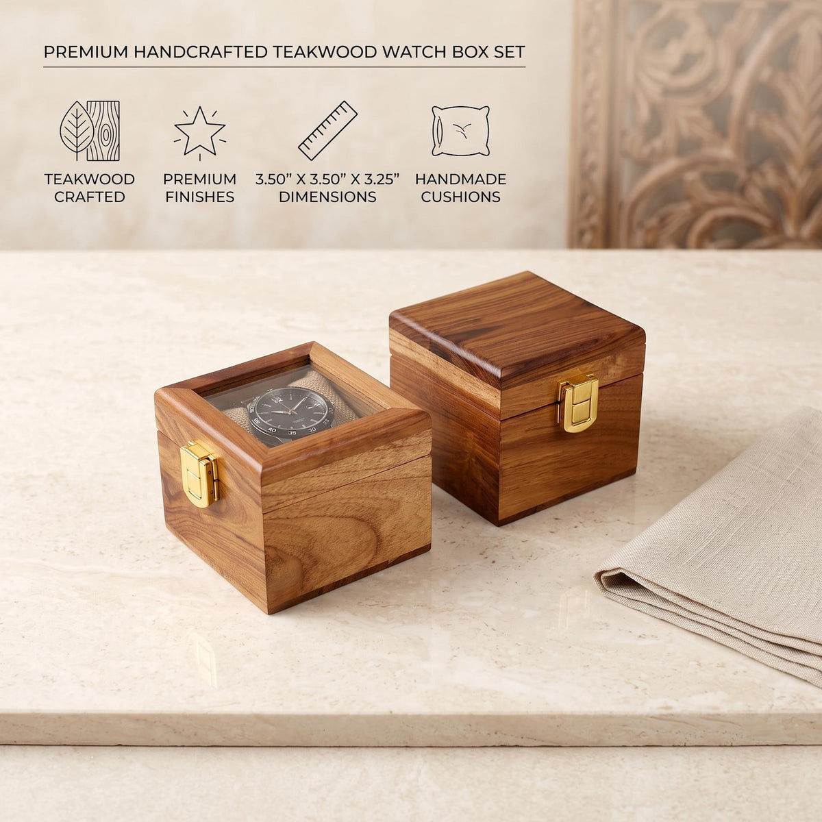 Personalized Handmade Wooden Watch Box with Single-Slot, Watch Display Case, Watch Storage Organizer - Teakwood with Glass Lid & Wood Lid