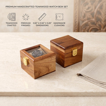 Personalized Handmade Wooden Watch Box with Single-Slot, Watch Display Case, Watch Storage Organizer - Teakwood with Glass Lid & Wood Lid