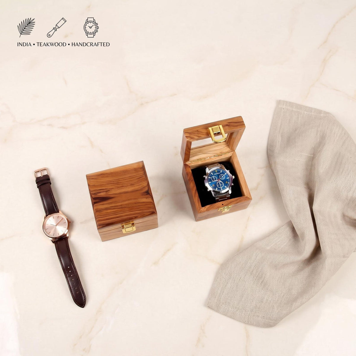 Personalized Handmade Wooden Watch Box with Single-Slot, Watch Display Case, Watch Storage Organizer - Teakwood with Glass Lid & Wood Lid