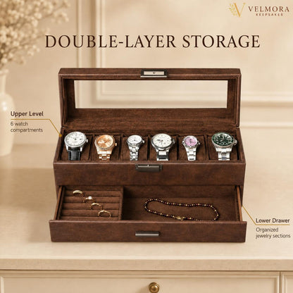 Double Layer Watch Box, Leatherette Jewelry Organizer, Six Slot Display Case, Glass Top Storage Drawer, Anniversary Gift for Him
