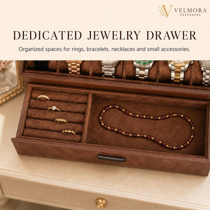 Double Layer Watch Box, Leatherette Jewelry Organizer, Six Slot Display Case, Glass Top Storage Drawer, Anniversary Gift for Him
