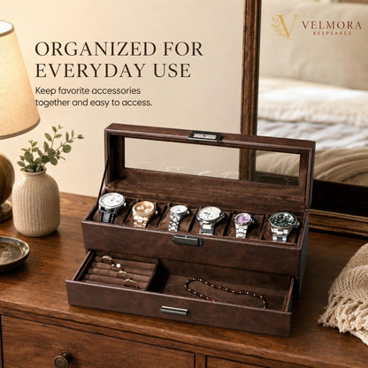 Double Layer Watch Box, Leatherette Jewelry Organizer, Six Slot Display Case, Glass Top Storage Drawer, Anniversary Gift for Him