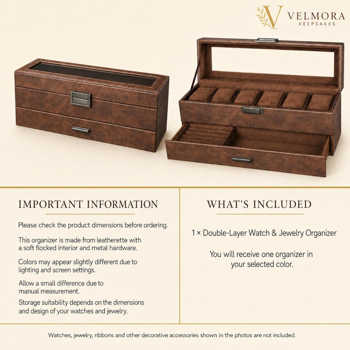 Double Layer Watch Box, Leatherette Jewelry Organizer, Six Slot Display Case, Glass Top Storage Drawer, Anniversary Gift for Him