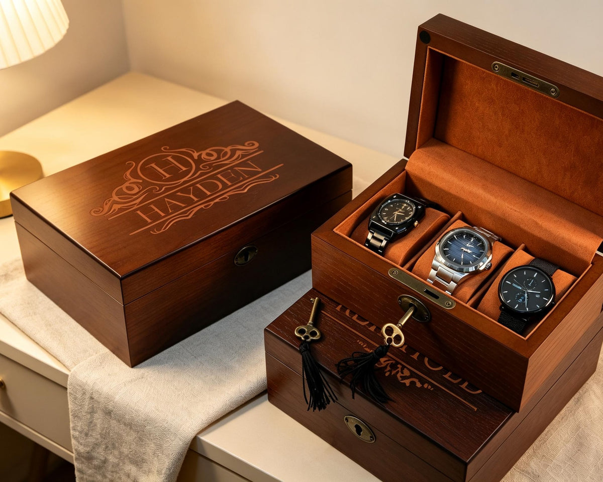 Wooden Watch Box with Lock & Key, Mens Gift, Fathers Day Gift, Groomsmen Gifts, Engraved 10 Slots Watch Storage Case, Anniversary Gift