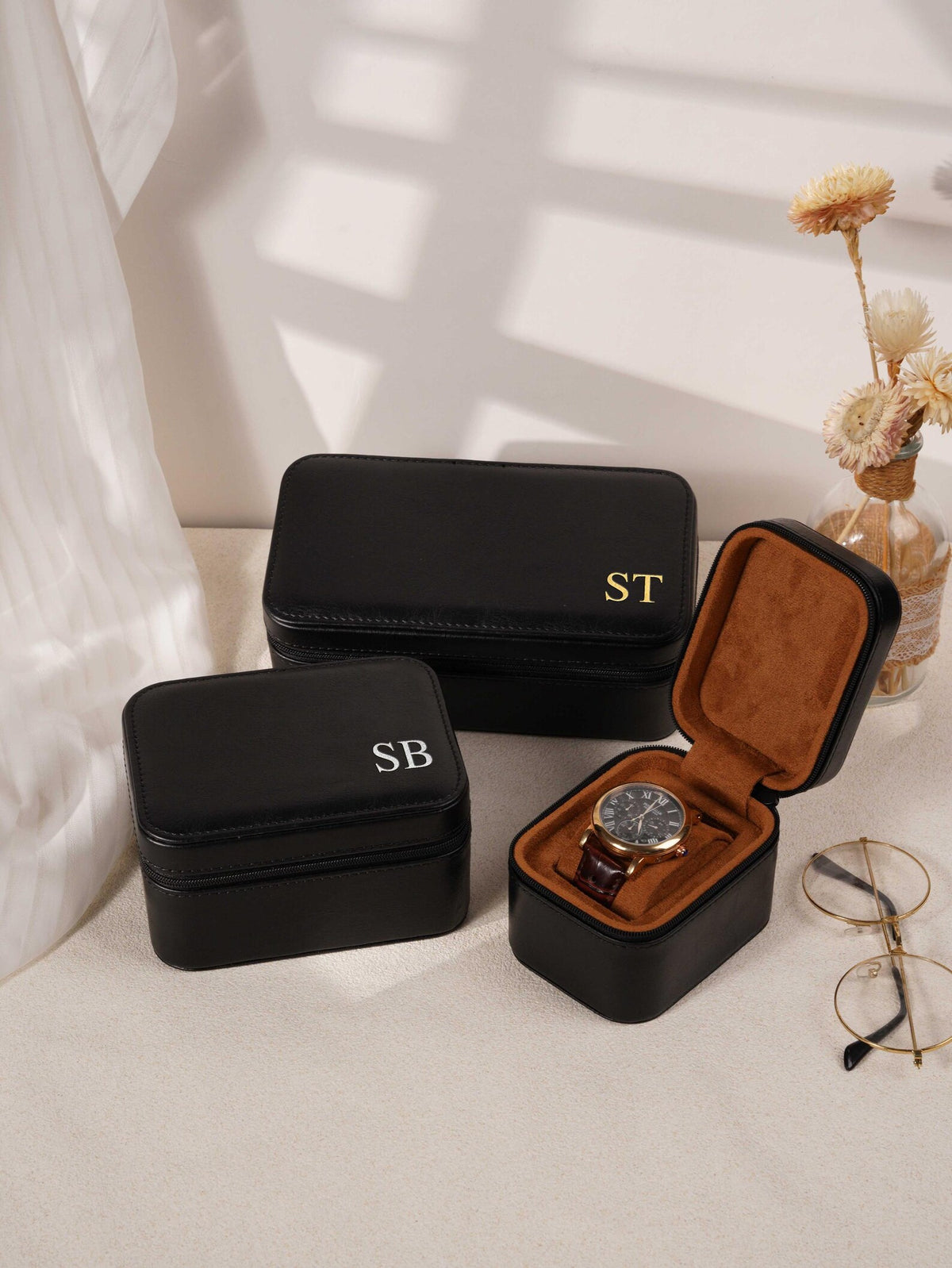 Custom Monogram Watch Travel Case｜3‑Slot Green Watch Storage Box, Gift for Him