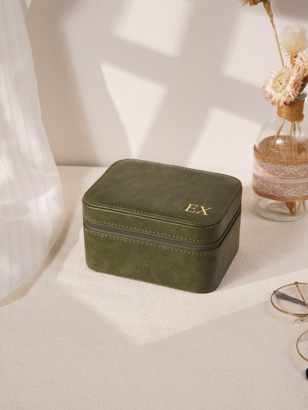 Custom Monogram Watch Travel Case｜3‑Slot Green Watch Storage Box, Gift for Him