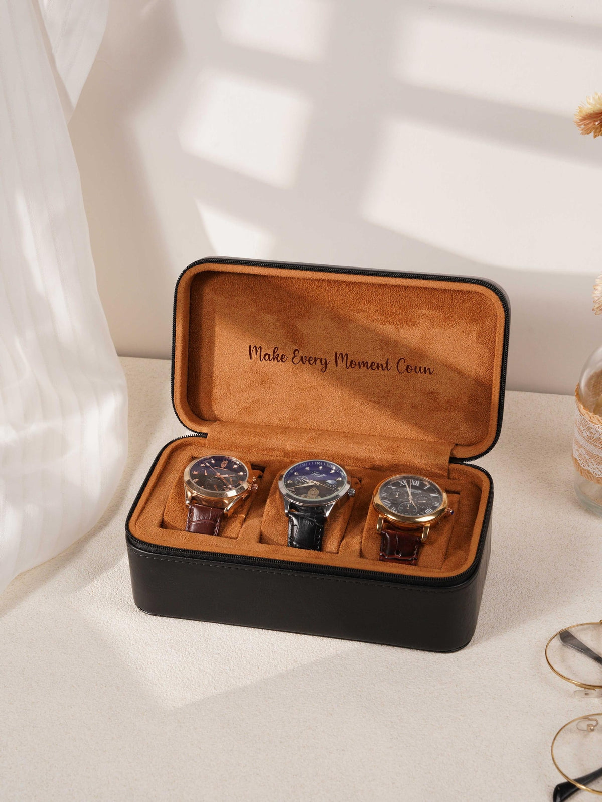 Custom Monogram Watch Travel Case｜3‑Slot Green Watch Storage Box, Gift for Him