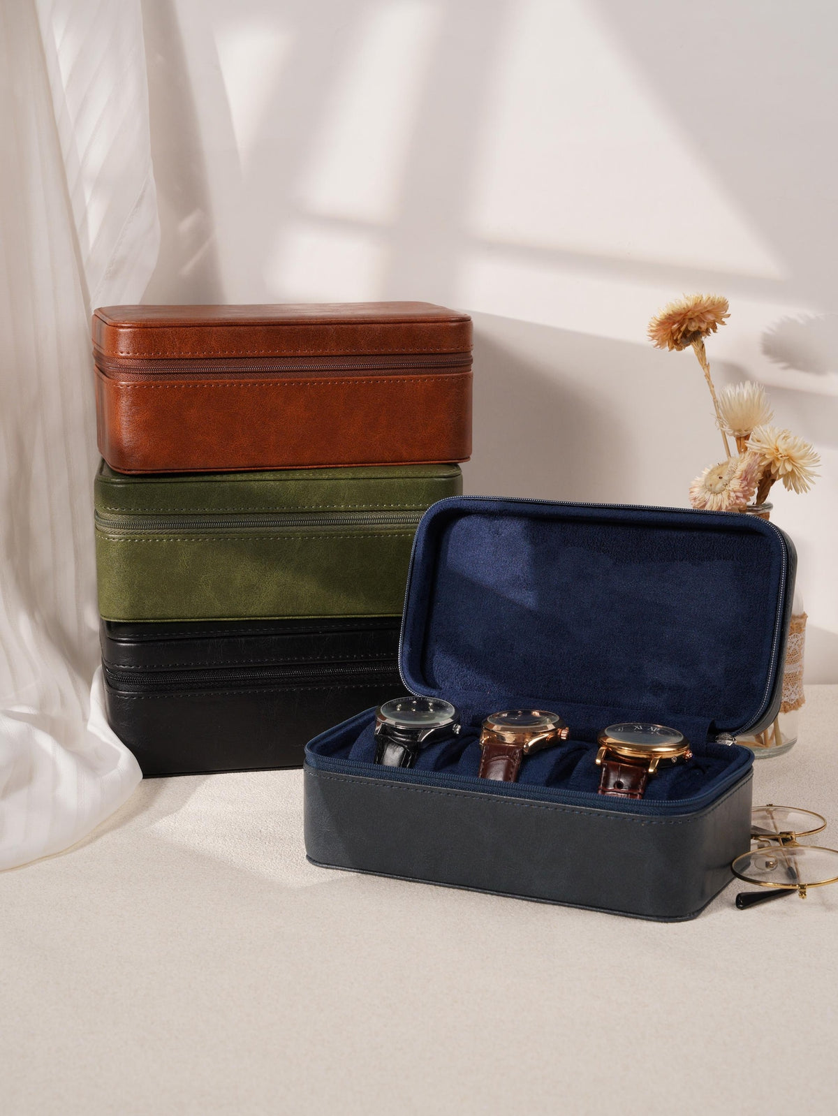 Custom Monogram Watch Travel Case｜3‑Slot Green Watch Storage Box, Gift for Him