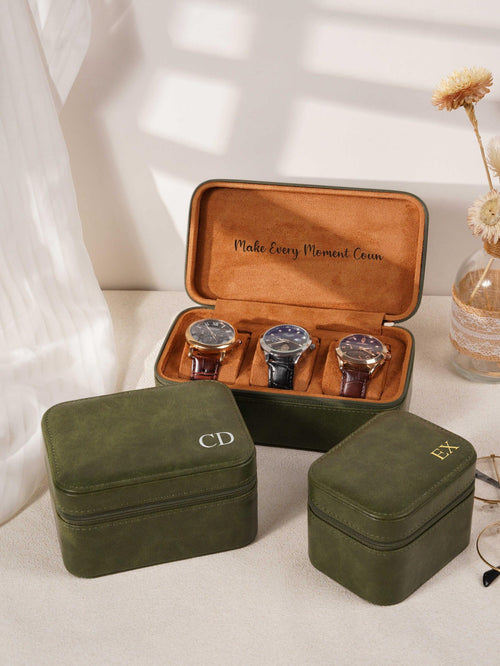 Custom Monogram Watch Travel Case｜3‑Slot Green Watch Storage Box, Gift for Him