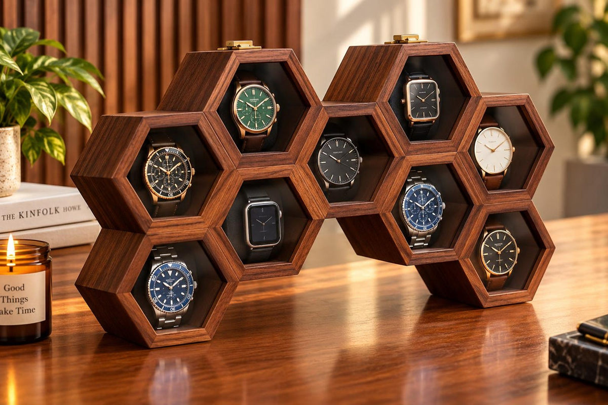 Personalized Honeycomb Watch Box, Indian Rosewood watch Display Case, Engraved Gift